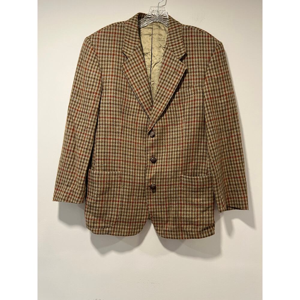 Mulberry England Wool Alpaca Houndstooth Plaid Brown Red Leather Buttons 48 JL